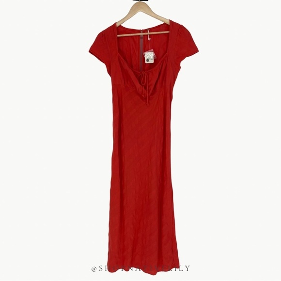 NWT Free People Women’s Natalya Cotton Cap Sleeve Midi Dress Sz Medium, Red - Picture 9 of 15